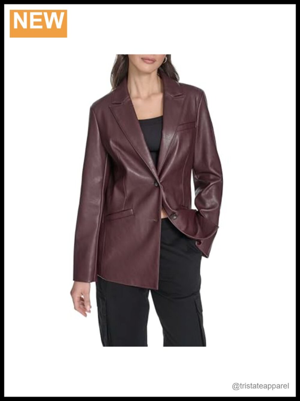 Faux Leather Single Breasted Blazer with Notch Collar